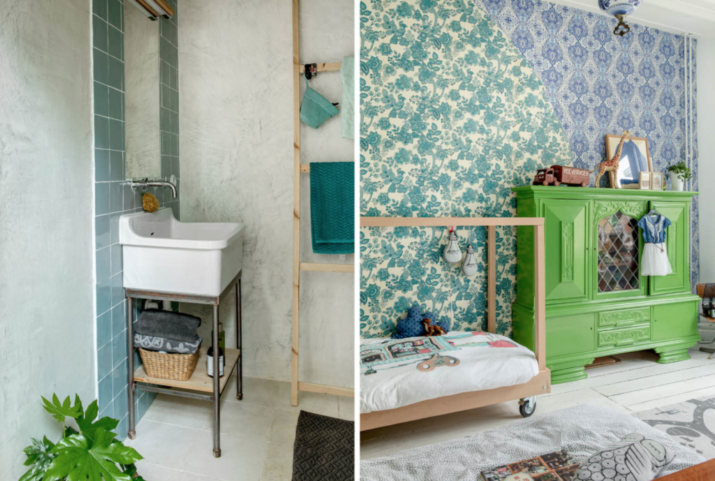 lavabo salle-de-bains et chambre-enfant commode vintage verte